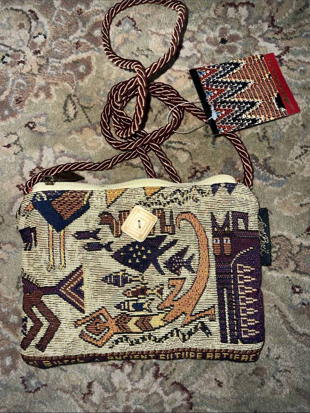 Laurel Burch Beige, Purple, Blue & Orange Geometric Tapestry Crossbody